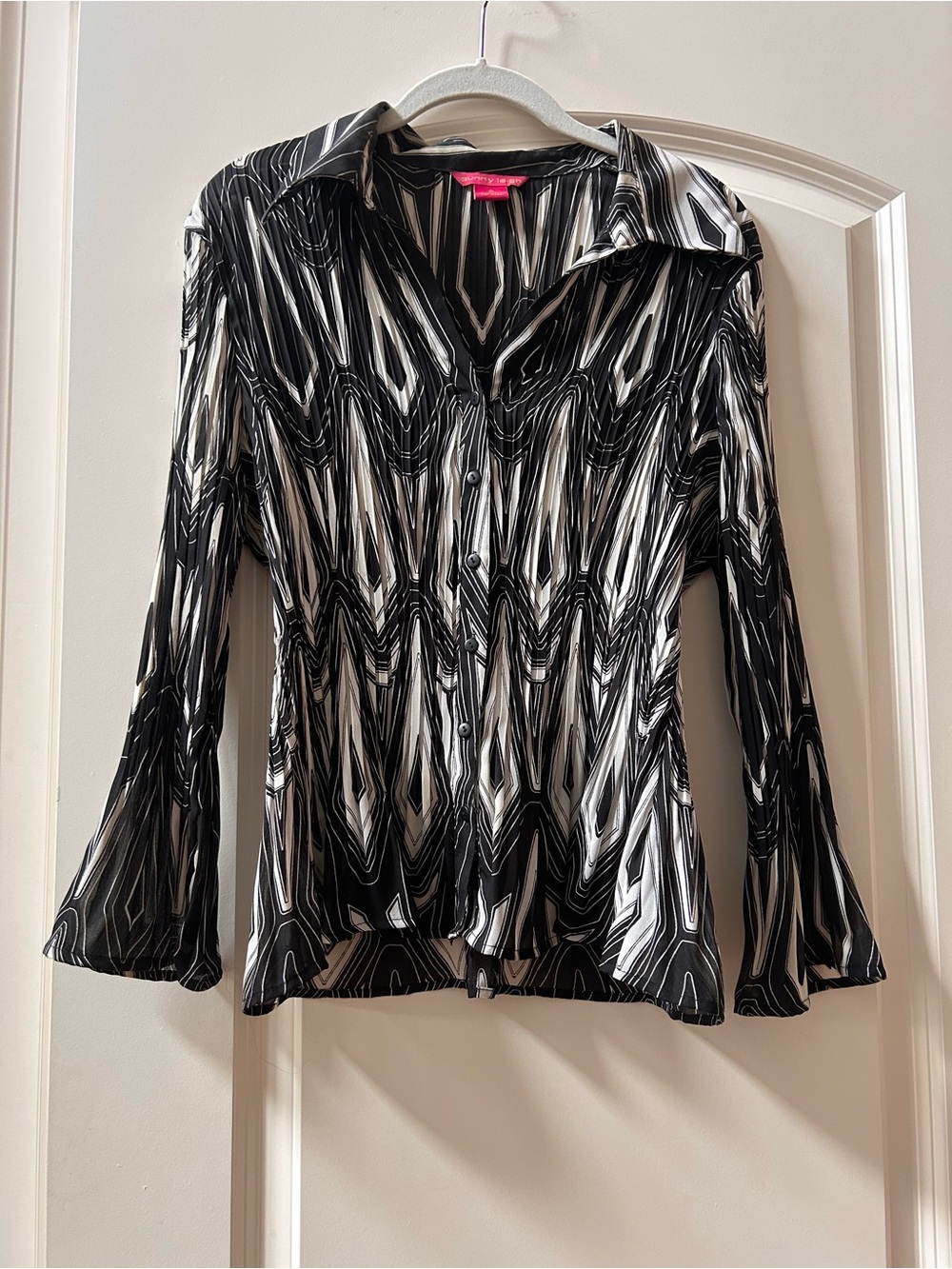 Sunny Leigh Sheer Button Down Geometric Bold Blouse. Trumpet Sleeve. Rave. Artsy